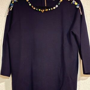 J. Crew Navy Crewneck Sweater with Multicolor Bead Embellishment